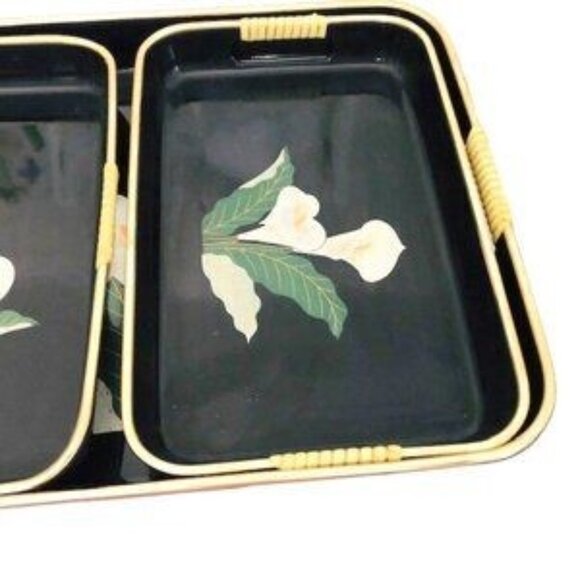 3 Vintage Japanese Black Lacquer Nesting Trays with Lily Detail & Gold Trim - - Picture 6 of 12